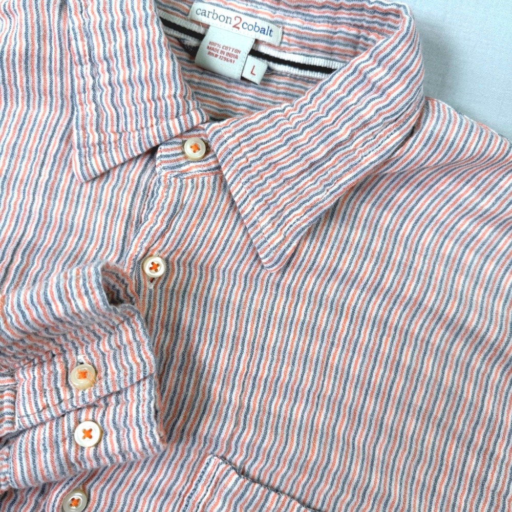 Carbon 2 Cobalt Shirt Mens Large Orange Blue‎ Striped Seersucker Chambray Preppy